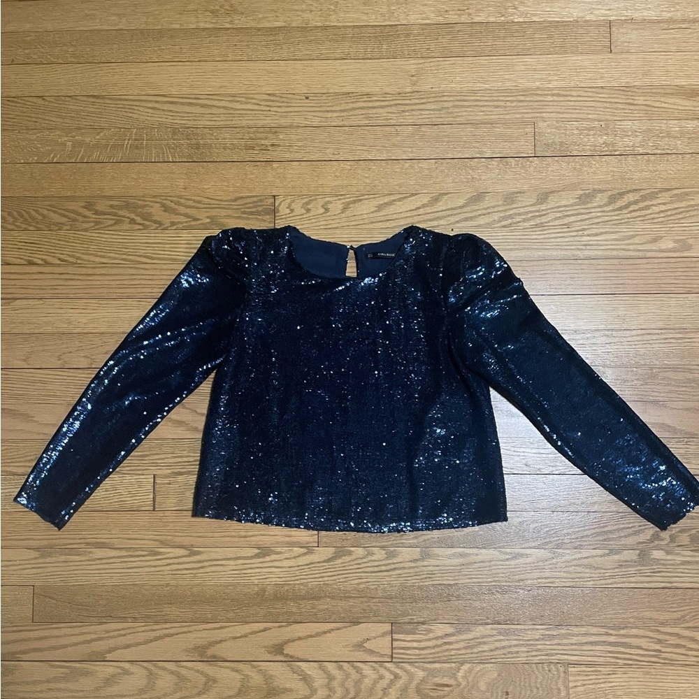 ZARA Blue sequin embellished long sleeve evening top party going out blouse - Picture 6 of 13